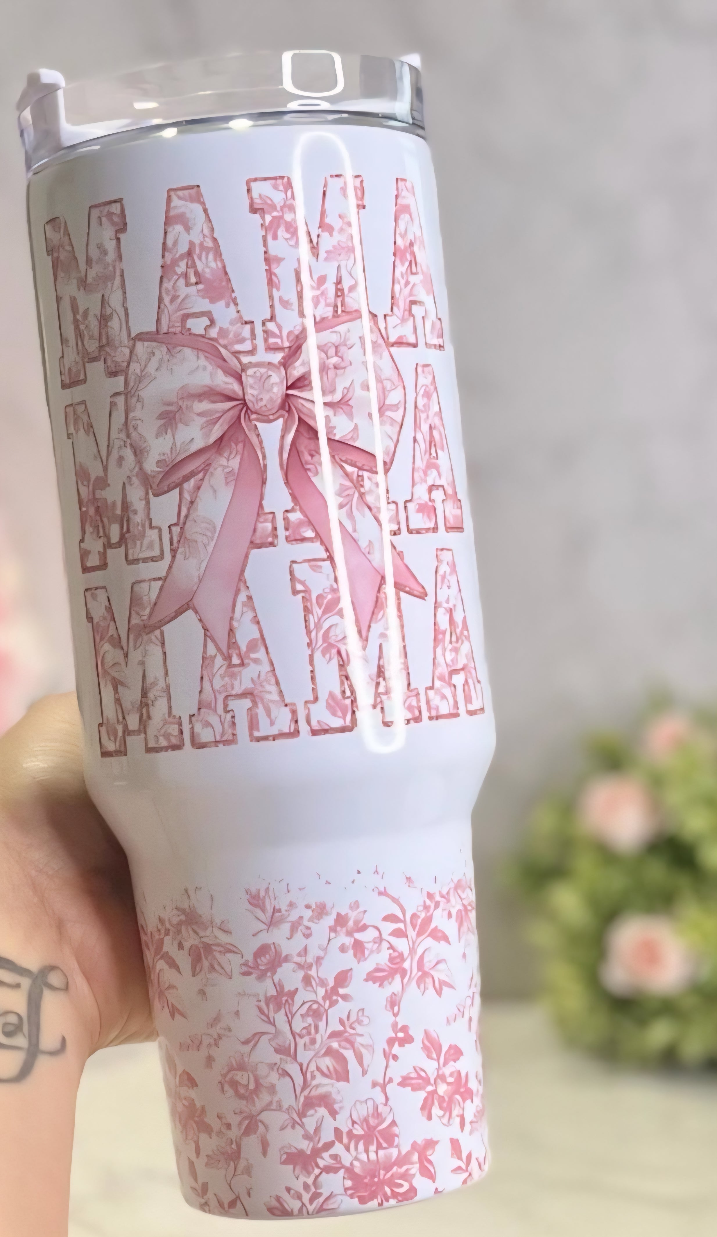 Pink bow mama tumbler